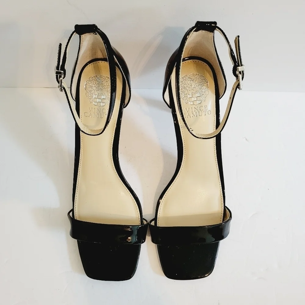 NEW Vince Camuto Enella Black Patent Leather Stiletto Heel Sandals Size 9.5
